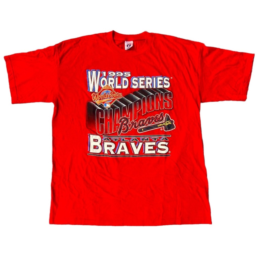 Vintage 1995 World Series Champions Atlanta Braves T Shirt Logo 7 Made in USA - Picture 1 of 4